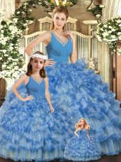 Customized V-neck Sleeveless Organza Quinceanera Dresses Ruffled Layers and Ruching Backless