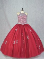 Luxurious Red Halter Top Neckline Beading and Appliques Sweet 16 Dress Sleeveless Lace Up