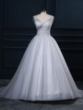 Tulle V-neck Sleeveless Court Train Lace Up Beading and Appliques Wedding Dresses in Grey