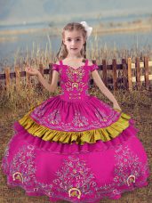 Attractive Off The Shoulder Sleeveless Winning Pageant Gowns Floor Length Beading and Embroidery Fuchsia Satin