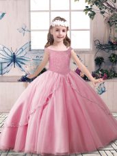 Fashionable Beading Pageant Gowns For Girls Rose Pink Lace Up Sleeveless Floor Length