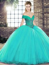 Fantastic Turquoise Off The Shoulder Lace Up Beading Quinceanera Gowns Brush Train Sleeveless