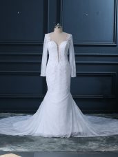 Customized White Backless Wedding Dress Beading and Lace Long Sleeves Court Train