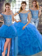 Noble Sleeveless Brush Train Beading and Ruffles Lace Up Quinceanera Gowns