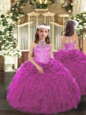 Cheap Tulle Halter Top Sleeveless Lace Up Beading and Ruffles Pageant Dresses in Fuchsia