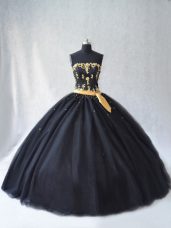 Captivating Black Tulle Lace Up 15 Quinceanera Dress Sleeveless Floor Length Appliques