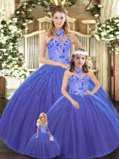 Wonderful Blue Lace Up Halter Top Embroidery Sweet 16 Dresses Tulle Sleeveless