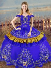 Blue Ball Gowns Satin Off The Shoulder Sleeveless Embroidery Floor Length Lace Up Quinceanera Dress