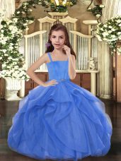 Lovely Floor Length Blue Pageant Gowns For Girls Straps Sleeveless Lace Up