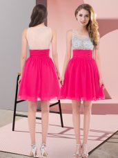 Sexy Hot Pink Empire Chiffon Scoop Sleeveless Beading Mini Length Side Zipper Bridesmaid Gown