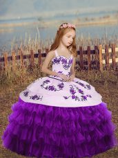 Straps Sleeveless Little Girl Pageant Dress Floor Length Embroidery and Ruffled Layers Eggplant Purple Organza