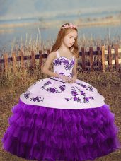 Straps Sleeveless Little Girl Pageant Dress Floor Length Embroidery and Ruffled Layers Eggplant Purple Organza