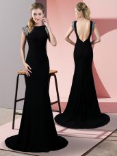 Elastic Woven Satin High-neck Short Sleeves Brush Train Backless Beading Dress for Prom in Black