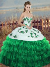 Modern Green Ball Gowns Organza Sweetheart Sleeveless Embroidery and Ruffled Layers and Bowknot Floor Length Lace Up Ball Gown Prom Dress