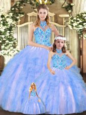 Multi-color Halter Top Neckline Embroidery and Ruffles 15th Birthday Dress Sleeveless Lace Up