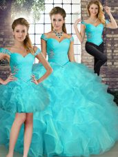 Fitting Aqua Blue Three Pieces Off The Shoulder Sleeveless Organza Floor Length Lace Up Beading and Ruffles 15 Quinceanera Dress