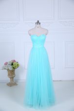 Aqua Blue Empire Tulle Sweetheart Sleeveless Ruching Floor Length Zipper Quinceanera Court of Honor Dress