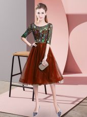 Clearance Rust Red Half Sleeves Knee Length Embroidery Lace Up Quinceanera Dama Dress
