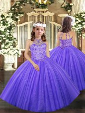 Latest Tulle Halter Top Sleeveless Lace Up Beading and Ruffles Kids Formal Wear in Lavender