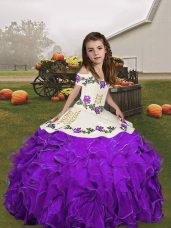 Purple Lace Up Straps Embroidery and Ruffles Child Pageant Dress Organza Sleeveless