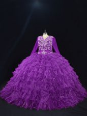 Purple Long Sleeves Floor Length Beading and Ruffled Layers Lace Up Sweet 16 Dress