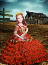 Orange Red Short Sleeves Floor Length Embroidery and Ruffled Layers Lace Up Little Girl Pageant Dress
