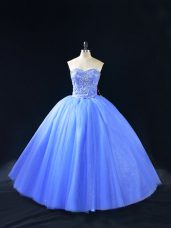 Exceptional Blue Tulle Lace Up Quinceanera Dresses Sleeveless Floor Length Beading
