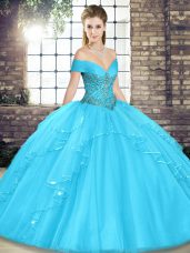 Aqua Blue Off The Shoulder Neckline Beading and Ruffles Quinceanera Dress Sleeveless Lace Up