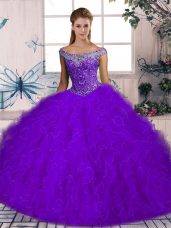 Purple Off The Shoulder Lace Up Beading and Ruffles Sweet 16 Dresses Brush Train Sleeveless