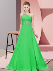 Elegant Green One Shoulder Neckline Beading Prom Gown Sleeveless Lace Up