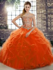 Superior Orange Red Ball Gowns Beading and Ruffles Quinceanera Dresses Lace Up Tulle Sleeveless