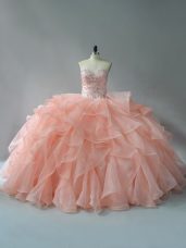 Enchanting Organza Sweetheart Sleeveless Brush Train Lace Up Beading and Ruffles Sweet 16 Dress in Peach