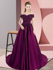 Sleeveless Satin Court Train Zipper Quince Ball Gowns in Purple with Lace
