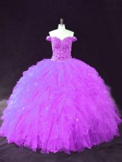 Purple Off The Shoulder Lace Up Beading and Ruffles Sweet 16 Dress Sleeveless