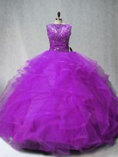 Chic Sleeveless Beading and Ruffles Lace Up Sweet 16 Quinceanera Dress with Purple Brush Train