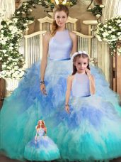 Luxury Multi-color Ball Gowns High-neck Sleeveless Tulle Floor Length Backless Ruffles 15 Quinceanera Dress