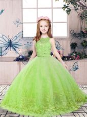 Low Price Yellow Green Scoop Neckline Lace and Appliques Kids Formal Wear Sleeveless Backless