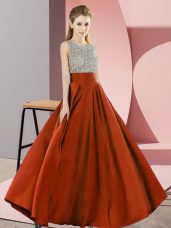 Decent Rust Red Empire Scoop Sleeveless Elastic Woven Satin Floor Length Backless Beading Homecoming Dress