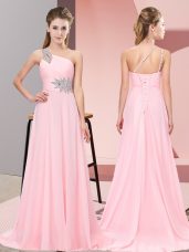 Baby Pink Side Zipper Evening Dress Beading Sleeveless Brush Train