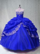 Popular Royal Blue Ball Gowns Sweetheart Sleeveless Organza Floor Length Lace Up Beading and Appliques and Pick Ups Sweet 16 Quinceanera Dress