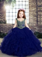 Straps Sleeveless Lace Up Little Girls Pageant Dress Wholesale Blue Tulle