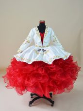 Sleeveless Floor Length Embroidery and Ruffles Lace Up Little Girls Pageant Dress Wholesale with White And Red