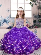 Custom Design Scoop Sleeveless Organza Kids Formal Wear Beading and Ruffles Lace Up