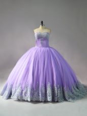 Lavender Sleeveless Court Train Appliques Sweet 16 Quinceanera Dress