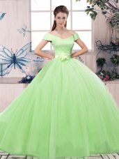 Elegant Tulle Off The Shoulder Short Sleeves Lace Up Lace and Hand Made Flower Vestidos de Quinceanera in