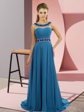 Admirable Empire Sleeveless Blue Evening Dress Brush Train Zipper