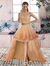Fancy Sleeveless High Low Beading and Lace Backless Red Carpet Gowns with Gold