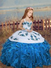 Straps Sleeveless Pageant Dresses Floor Length Embroidery and Ruffles Blue Chiffon
