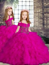 Latest Sleeveless Tulle Floor Length Lace Up Little Girls Pageant Dress Wholesale in Fuchsia with Beading and Ruffles