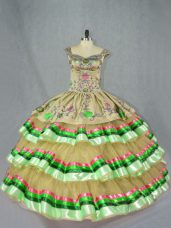 Olive Green Sleeveless Embroidery and Ruffled Layers Floor Length Quinceanera Dresses